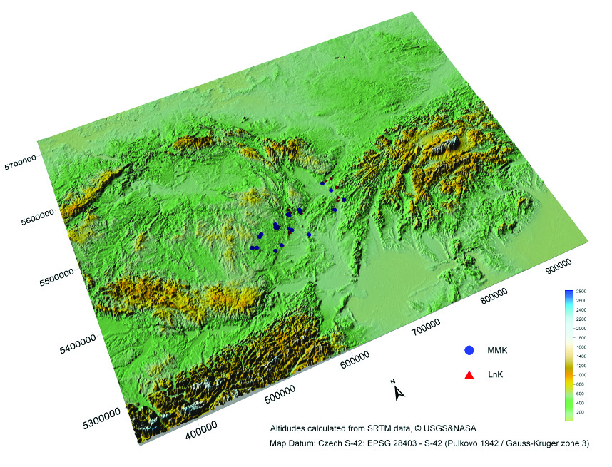 M. Kuča, J. J. Kovář, M. Nývltová Fišáková, P. Škrdla, L. Prokeš, M. Vaškových, Z. Schenk: Chronologie neolitu... Obr. 1. Lokalizace datovaných sídlišť. Fig.1. Location of dated sites.