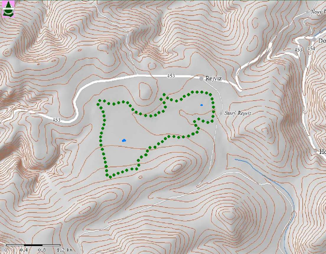Obr. 3) Reliéf povrchu v okolí Rejvízu (WWW1). NPR Rejvíz vyznačen zelenými tečkami.