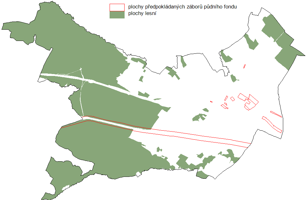 Vyhodnocení předpokládaných záborů pozemků určených k plnění funkcí lesa: uspořádání pozemků určených k plnění funkcí lesa (PUPFL) Lesnatost území je vůči celostátnímu průměru 33,8% vysoká: 49,2%.