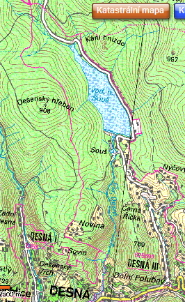 Obr. 2.3: K.ú. Desná III (Obr. 2.1 2.3 - zdroj http://nahlizenidokn.cuzk.cz) Obr. 2.4: Turistická mapa Desné (zdroj www.mapy.cz) Desná I a II se rozkládají v nadmořské výšce 490-600 m.n. m., Desná III ve výšce 540 780 m n.