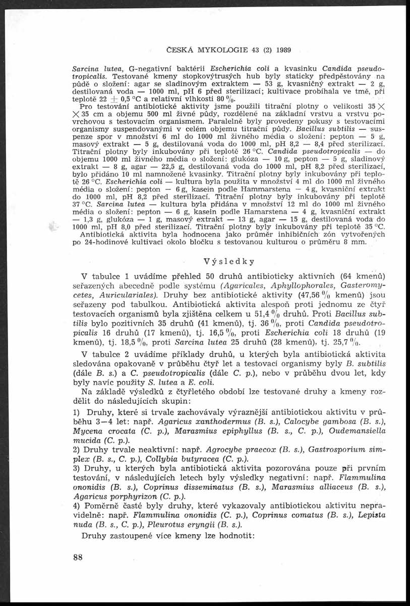 Č e s k á m y k o l o g i e 43 (2) 1989 Sarcina lutea, G -negativní baktérii Escherichia coli a kvasinku Candida pseudotropicalis.