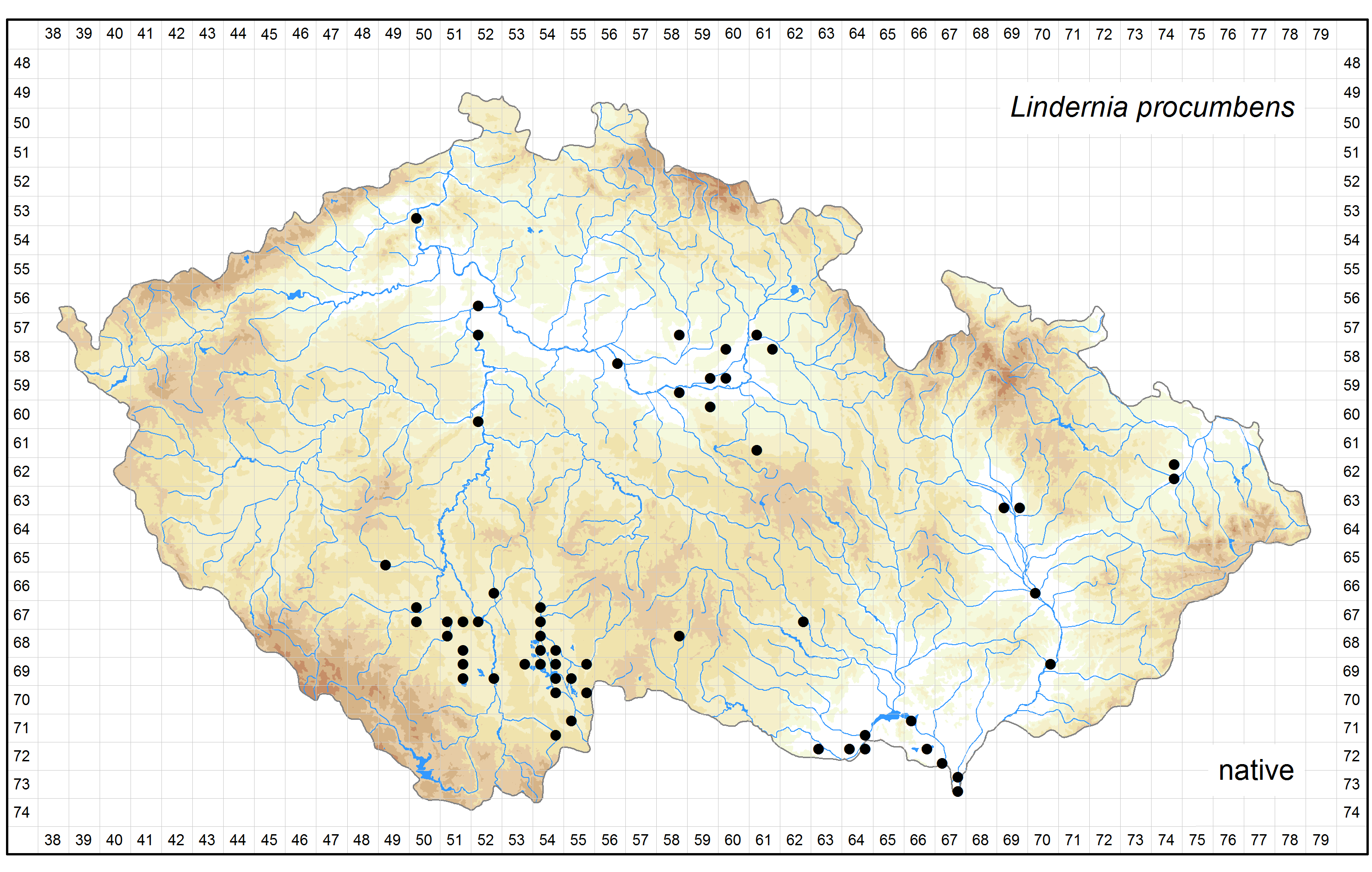 Distribution of Lindernia procumbens in the Czech Republic Author of the map: Michal Ducháček, Kateřina Šumberová Map produced on: 14-05-2016 Database records used for producing the distribution map