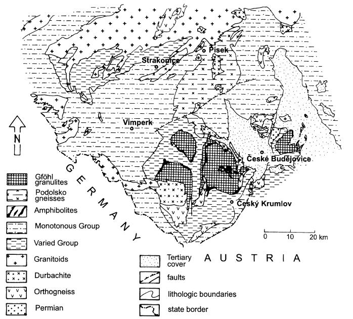 podolského komplexu oddělena od monotónní jednotky jednotkou pestrou. Obr. 9. Zjednodušená geologická mapa západní části moldanubika s vyznačeným podolským komplexem (podle Kotkové et al. 1997). 3.