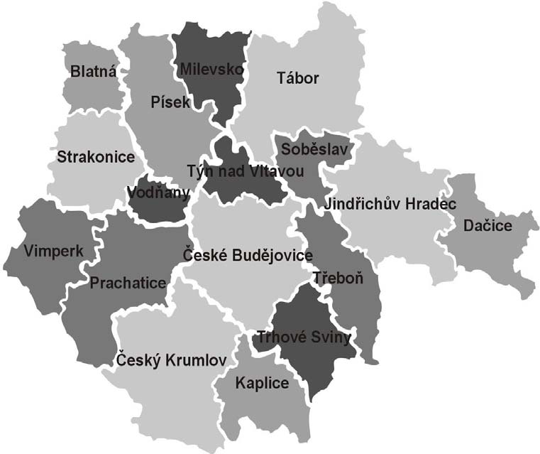 I. Regionální charakteristiky produkce Jihočeský kraj Regionální struktura rozdělení účetní přidané hodnoty v obcích s rozšířenou působností v roce 2003 Administrativní mapa