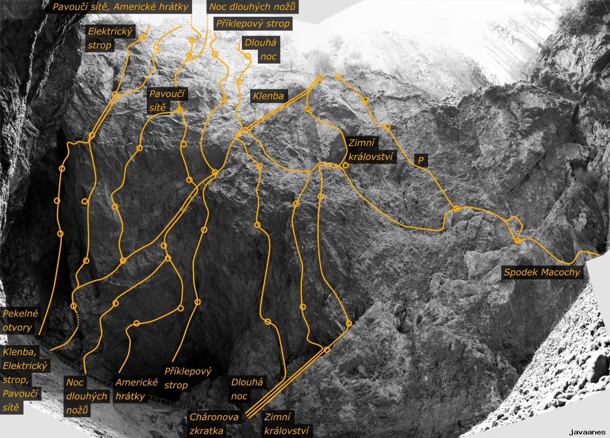 1. Pekelné otvory IV+ A3 R. Jurečka, P. Weisser 2009-12 Vhloubením v levé části klenby přes výrazná okna do jedné z jeskyní Pekelného jícnu.