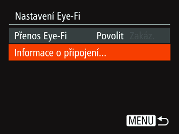Stav připojení karty Eye-Fi ve fotoaparátu lze zkontrolovat na obrazovce režimu (režim Zobrazené informace) i přehrávání (režim Stručné informace).
