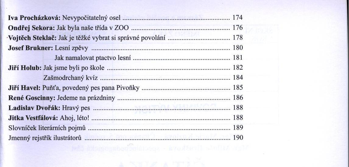 Iva P rocházková: Nevypočitatelný o s e l... O n d ře j Sekora: Jak byla naše třída v Z O O... V ojtěch Steklač: Jak je těžké vybrat si správné povolání Jo se f B ru k n er: Lesní zpěvy.