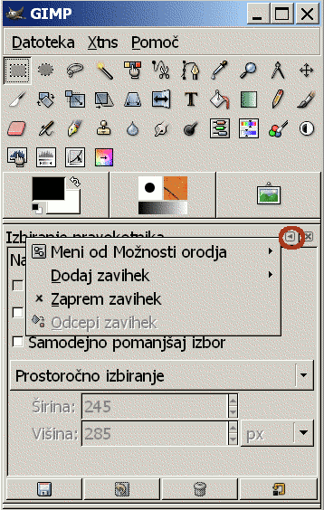 5. PRIPRAVA PROGRAMA GIMP 5.1. Dodajanje različnih zavihkov glavnemu oknu Gimpa Program Gimp si bomo najprej malce priredili, da nam bo delo z njim lažje in enostavneje.