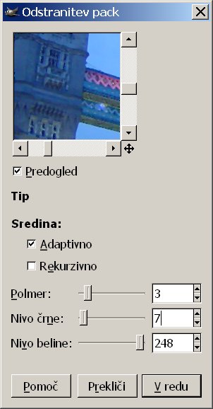 zajemanju slike (umazan objektiv). ODSTRANITEV PACK Tip: Adaptivno priredi radij sliki oziroma izbiri. V kolikor je označena ta opcija, potem določanje radija nima učinka.