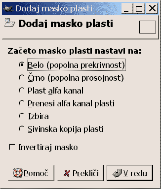 13.4. Ustvarjanje maske Z desnim miškinim gumbom kliknemo na plast, ki ji želimo dodati masko. Iz menija, ki se nam je odprl izberemo Dodaj masko plasti.