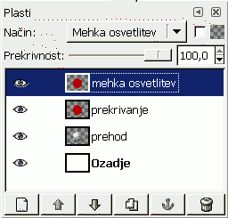 Izberemo tam kjer želimo imeti najsvetlejši del krogle vlečemo do tam, kjer naj bi bil najtemnejši del. Slika 91. (na sliki od točke 1 do točke 2) in Plast z narisano kroglo podvojimo (slika 130).