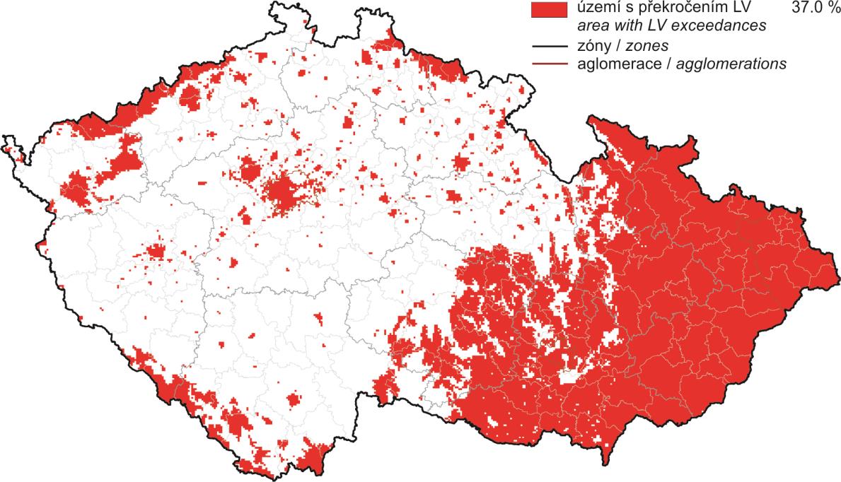 Obr. 1 Oblasti ČR s překročenými imisními limity pro ochranu zdraví (bez zahrnutí přízemního ozonu),