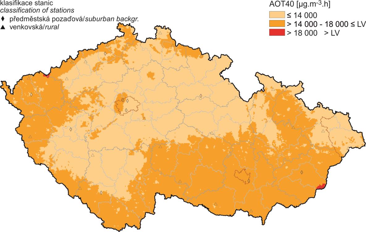 VYHODNOCENÍ INDIKÁTORU Obr. 1 Pole hodnot indexu AOT40, průměr za 5 let [μg.m -3.