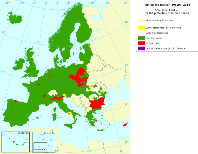 Obr. 2 Překročení imisního limitu pro průměrnou roční koncentraci suspendovaných částic pro ochranu lidského zdraví v Evropě [μg.