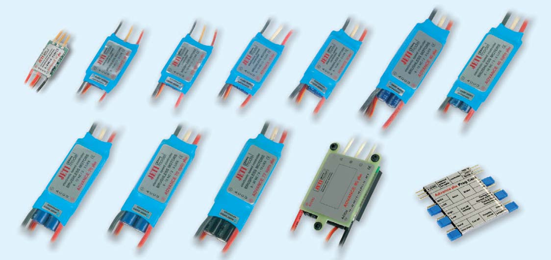 SPEED CONTROLLERS - DREHZAHLSTELLER - REGULÁTORY SPEED CONTROLLERS JETI ADVANCE PLUS MODELMOTORS APROVED Jeti Advance Plus controllers provide fully proportional control of brushless sensorless