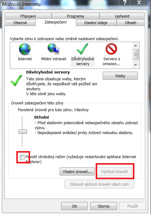 4.2 Nastavení chráněného režimu v Internet Exploreru Klikněte na tlačítko Nástroje a pak klikněte na příkaz Možnosti Internetu. Klikněte na kartu Zabezpečení.