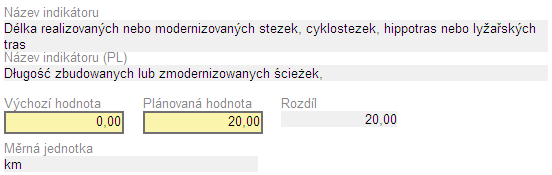 Hodnoty programových indikátorů Na záložce Programové indikátory jsou vyplňovány hodnoty indikátorů přednastavených pro každou oblast podpory.