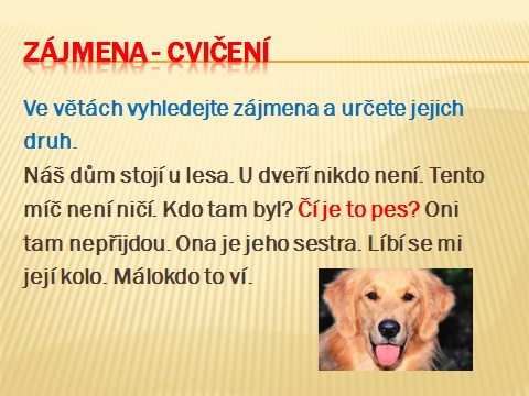 Název prezentace: Zájmena Tvůrce: Mgr. Zdena Dvořáková Žák rozliší jednotlivé slovní druhy, specifikuje zájmena a použije zájmena ve cvičeních. Multimediální prezentace, sešit nebo pracovní list.