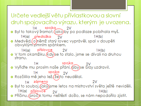 Název prezentace: Vedlejší věta přívlastková Tvůrce: Mgr. Jarmila Volcová Žák definuje vedlejší větu přívlastkovou, označí ji v souvětí. multimediální prezentace, pracovní list.