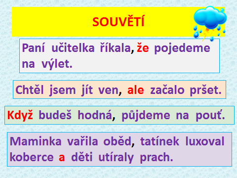 spojky v souvětí a větě jednoduché. Multimediální prezentace, nástěnný obraz, pracovní list.