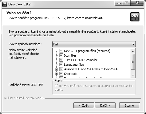 IDE integrované vývojové prostředí Obrázek 1.4. Dialog s licenčním ujednáním Obrázek 1.5. Volba součástí pro instalaci Následuje dotaz na výběr součástí pro instalaci dle obrázku 1.5. Zde kromě jiného dochází k asociaci s koncovkami souborů, které se používají v jazyce C++.
