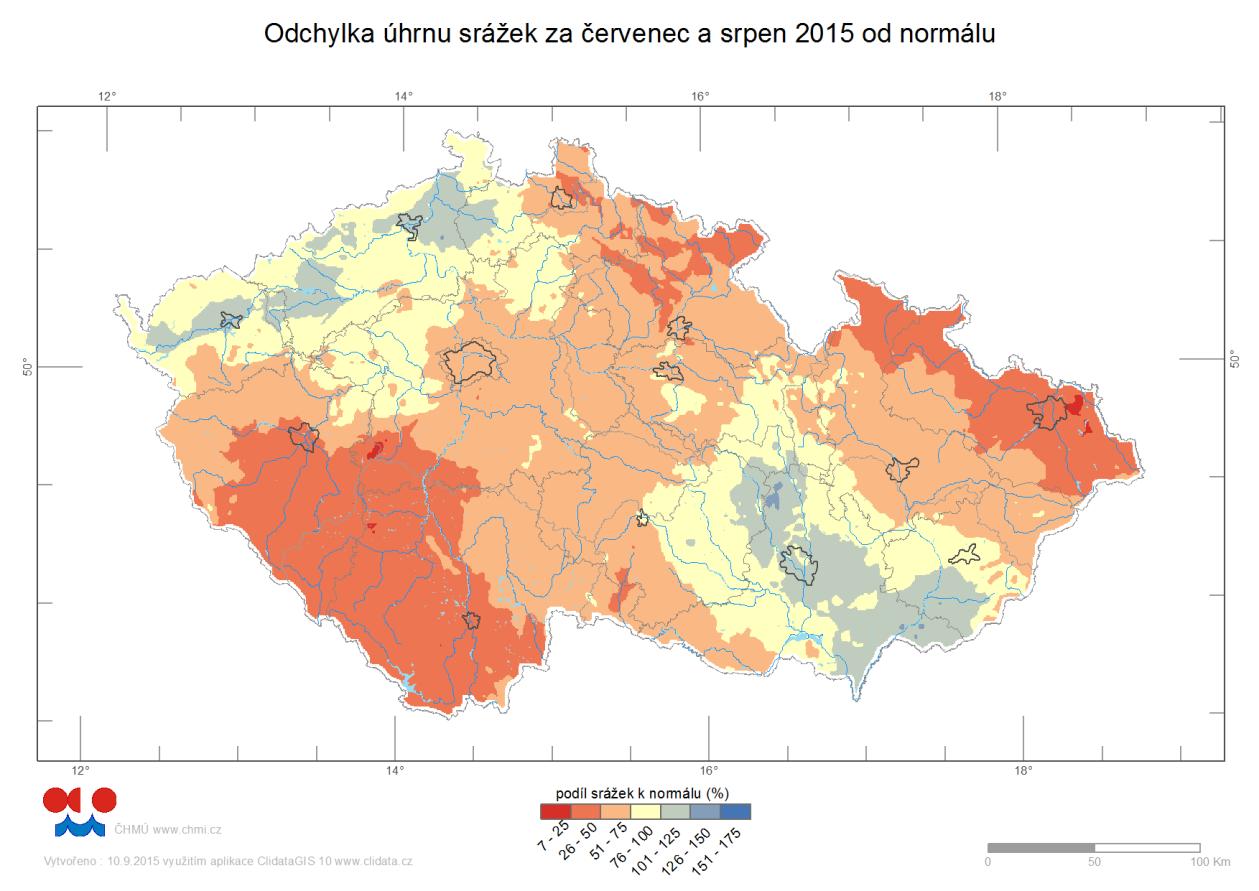 Obr. 3 Odchylka úhrnu srážek za červenec a srpen 2015 od normálu Obr.