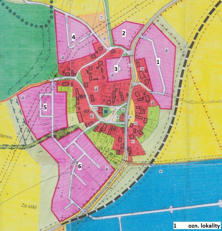 Obr.: Výřez z výkresu Komplexní urbanistický návrh ÚPO Myslinka (2001) s označením zastavitelných lokalit pro bytovou výstavbu (bydlení v rodinných domech) Závěr (Zdroj: ÚPO Myslinka, 2001) Celkem