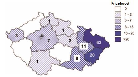 v roce 2013 došlo k 9 úmrtím se stejnou diagnózou. Co se týče počtu hospitalizovaných v období září až prosince roku 2012 bylo zaznamenáno 97 hospitalizovaných pacientů.