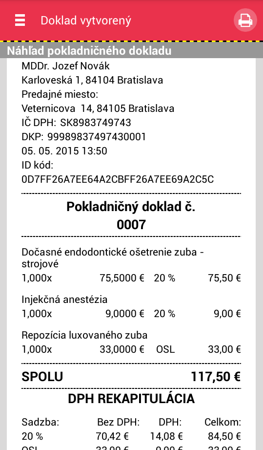 Strana 27 / 64 Obrázok 13: Náhľad pokladničného dokladu s možnosťami úpravy a s možnosťou tlače Tlačidlom vie podnikateľ spätne vymazať ktorúkoľvek položku z náhľadu pokladničného dokladu príp.