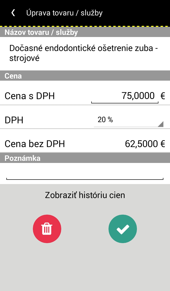 Strana 53 / 64 Položky tovaru/služby môže podnikateľ kedykoľvek editovať kliknutím na daný tovar. Vie však zmeniť len Cenu s DPH a sadzbu DPH, príp. poznámka.