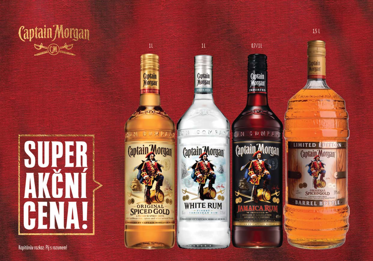 1012020 Captain Morgan Spiced rum 35% 1012021 Captain Morgan White rum 37,5% 1012006 Captain Morgan Jamaica Black 40% 299,90 362,88 Kč s DPH 1012004 Captain Morgan Jamajca Black 40% 0.