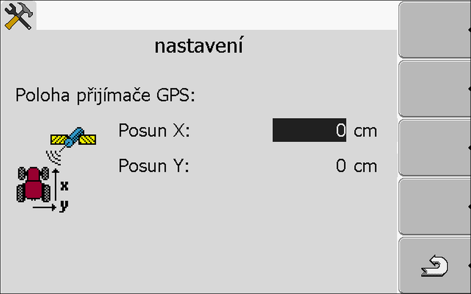 Aplikace Tractor-ECU Konfigurování profilu vozidla 8 Při zadávání tohoto odstupu je rozhodující, zda se přijímač GPS nachází vlevo nebo vpravo od podélné osy traktoru a zda se nachází před a nebo za