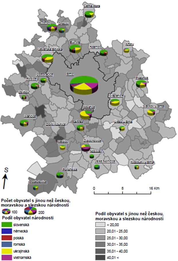 Mapa 10: Podíl obyvatel s jinou než českou, moravskou a slezskou národností a národnostní složení obcí Brněnské metropolitní oblasti v roce 20