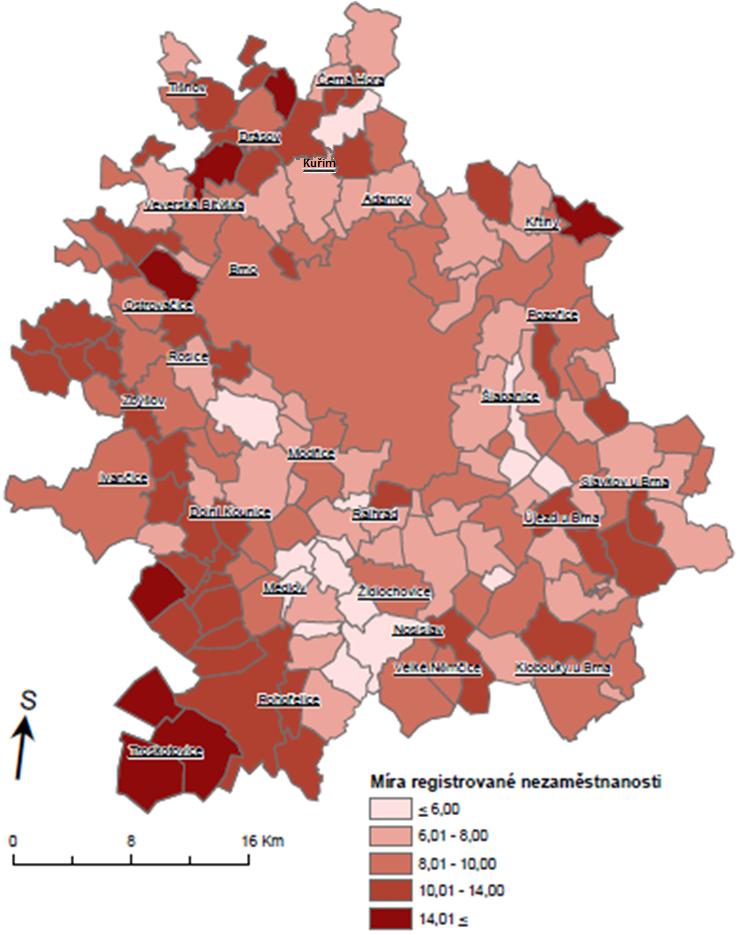 Mapa 13: Míra registrované nezaměstnanosti v obcích Brněnské metropolitní oblasti v roce 2011 Zdroj: MPSV V rámci Jihomoravského kraje patří mezi okresy s nejmenší nezaměstnaností okresy Vyškov a