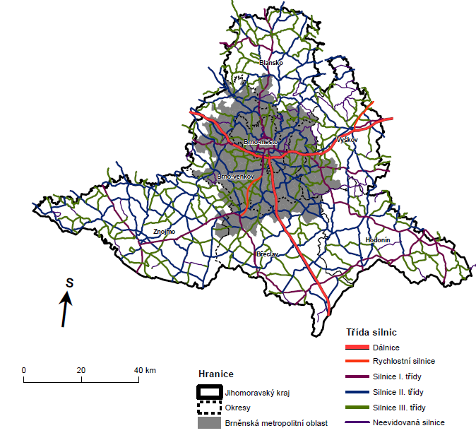 Mapa 18: Silniční síť v Brněnské metropolitní oblasti a Jihomoravském kraji v