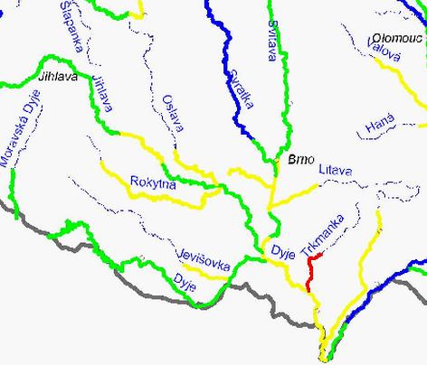 Mapa 20: Jakost vody ve vodních tocích na jihu Moravy v dvouletí 2012 2013 Zdroj: převzato z issar.cenia.cz Na horním toku Svratky se mj.