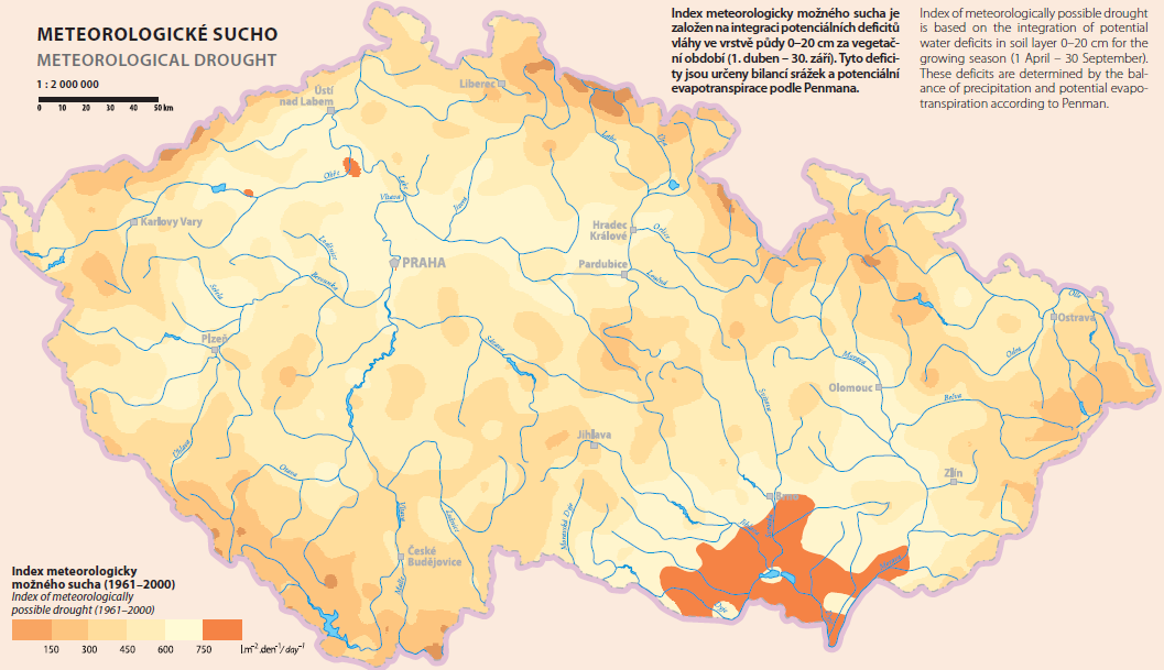 Mapa 22: Riziko meteorologického sucha v ČR Zdroj: Převzato z Atlasu krajiny ČR, Cenia a Garep, 2011.