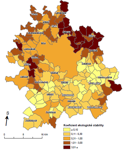 Mapa 26: Koeficient ekologické stability obcí Brněnské metropolitní oblasti v roce 2012 Zdroj: ČSÚ Veřejná databáze Tabulka 38: Podíl jednotlivých ploch území Brněnské metropolitní oblasti,