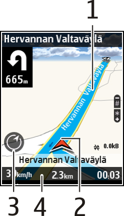 Jízda a chůze 11 Nastavení hlasitosti hlasových pokynů při navigaci autem V zobrazení navigace zvolte Volby > Hlasitost.