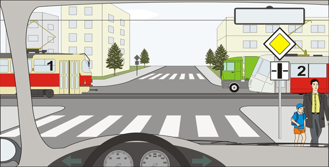Test: 21.07.2012 04:46 (číslo 4) 6 z 7 20) [4 b.] Tramvaje projedou křižovatkou a) po projetí vozidla z výhledu. b) jako první. c) jako první současně se zeleným vozidlem. 21) [1 b.