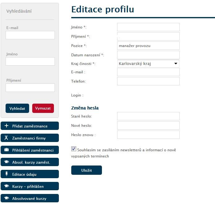 3. Absol. Kurzy zaměst. Seznam kurzů a jmen zaměstnanců, které již uplynuly. 4. Editace údajů Možnost upravit si své údaje a heslo do svého profilu.