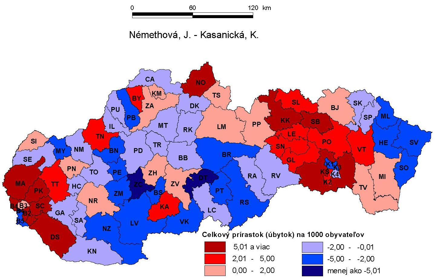 Mapa 20: Celkový pohyb obyvateľstva v okresoch SR (r. 2006) Zdroj: Štatistická ročenka regiónov Slovenska, 2007 4.1.