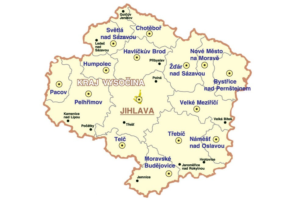 2. počet obyvatel 513 677 (k 31.12. 2008), 3. počet obcí 704, 2. nejvyšší počet mezi kraji, 4. hustota zalidnění - 75 obyvatel na km 2, 5. nejvyšší vrchol kraje Vysočina - Javořice (837 m n. m.), 6.