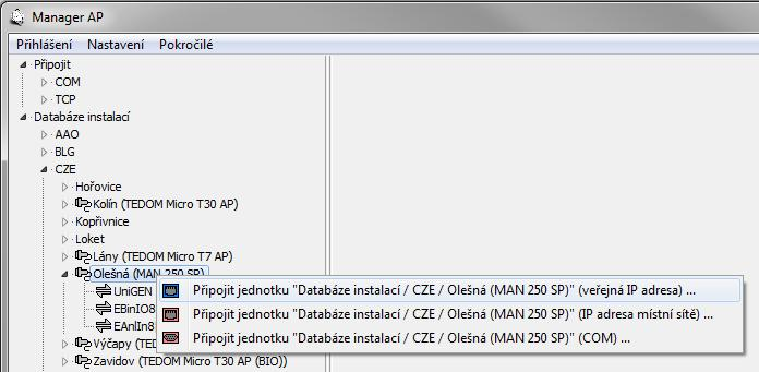 2. Navázání spojení 2.1 P ipojení jednotky Po spušt ní programu Manager AP je v levé ásti okna objeví rozbalovací strom, pomocí kterého lze zvolit zp sob p ipojení.