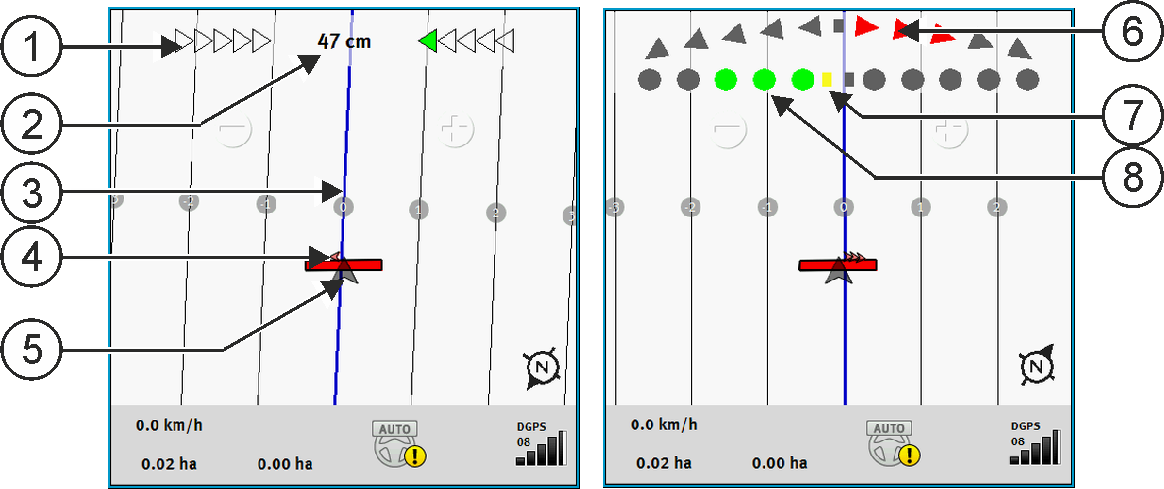 6 Paralelní vedení pomocí aplikace TRACK-Leader Paralelní jízdy pomocí monitoru Lightbar a vodicích stop Režim navigace Adaptivní kontura auto Tento režim funguje jako Adaptivní kontura ručně,