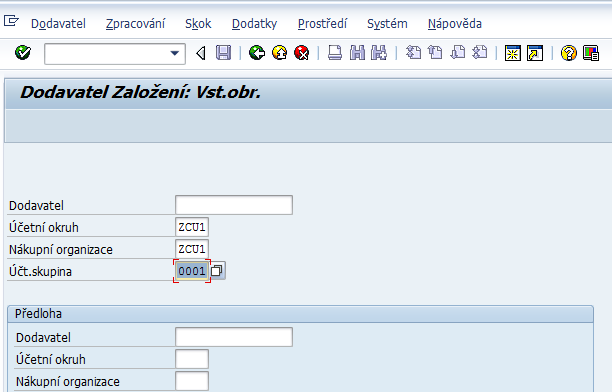 1.2. Založení kmenového záznamu dodavatele Založení kmenového záznamu dodavatele lze spustit pomocí transakce XK01. Do pole účetní okruh a nákupní organizace zadejte ZCU1, účtovou skupinou je 0001.