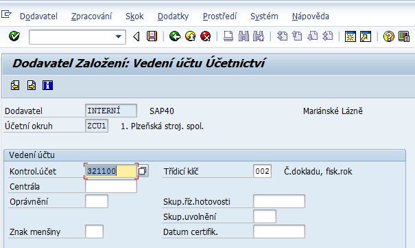 V záložce Dodavatel Založení: Vedení účtu Účetnictví, vyplňte, že se jedná o kontrolní účet 321100 a třídícím účtem je čí