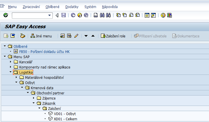 3 Modul SD 3.1 Kmenová data odběratele Založit kmenová data odběratele lze pomocí transakce XD01 (Všeobecné založení) či pomocí transakce VD01 (Odbytové založení).