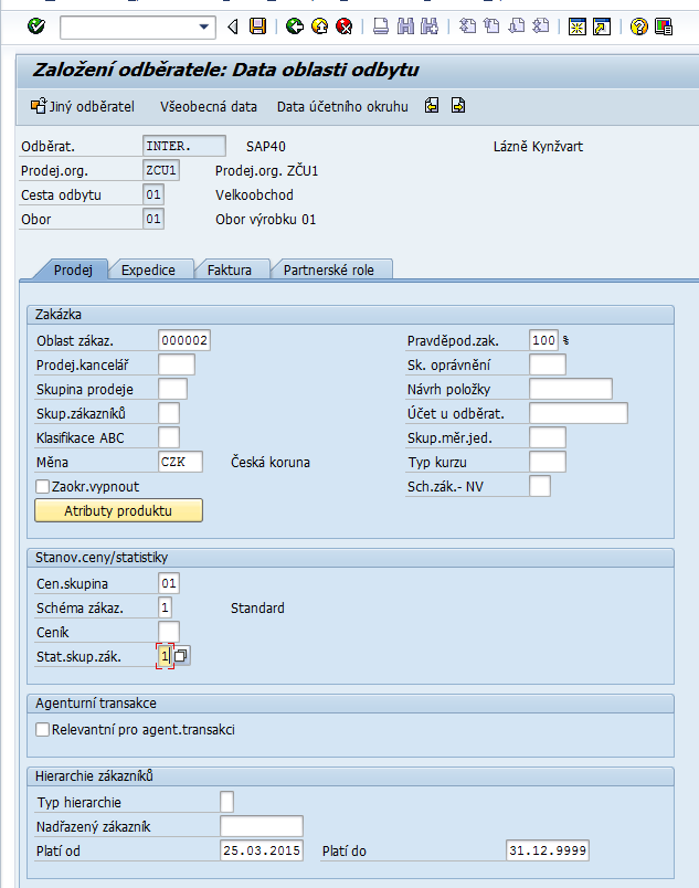 Data oblasti odbytu zahrnují záložky Prodej, Expedice, Faktura a Partnerské role.
