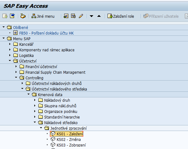 5 SAP Financials, modul CO 5.1 Založení nákladového střediska K založení nákladového střediska lze využít transakce KS01, jejíž popis cesty vidíte na následujícím obrázku. Obr. č.